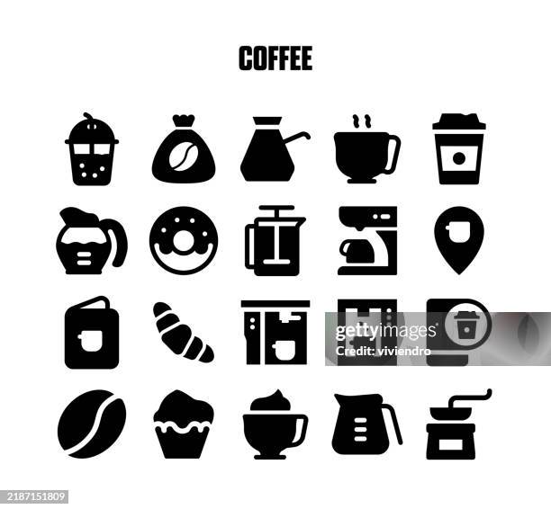 coffee solid icon set. editable stroke. pixel perfect. - coffee beans background stock illustrations