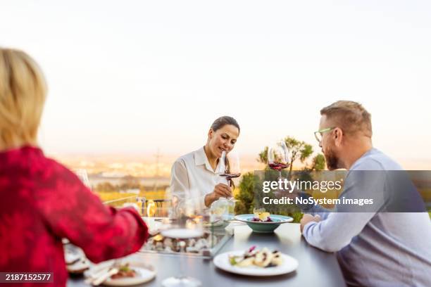 riunione serale all'aperto con gli amici - pranzare allaperto foto e immagini stock