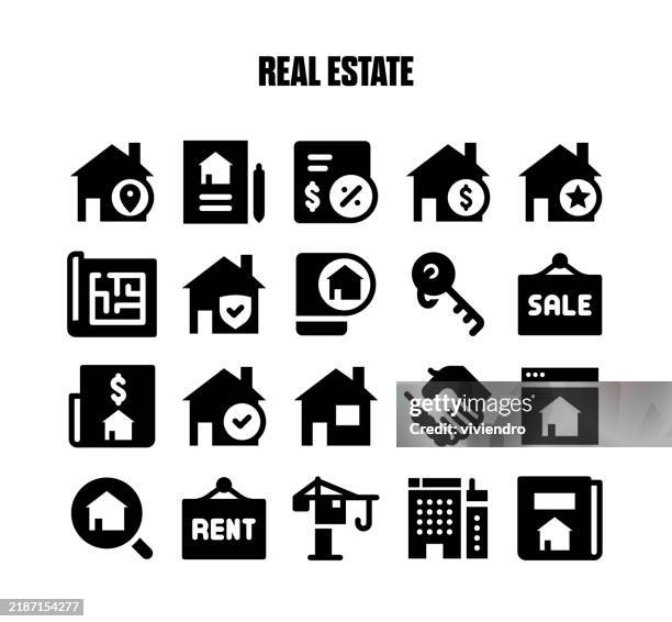 real estate solid icon set. editable stroke. pixel perfect. - construction owner stock illustrations