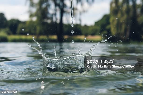 a high angle shot of clear drops of water falling and splashing - filthy water stock pictures, royalty-free photos & images