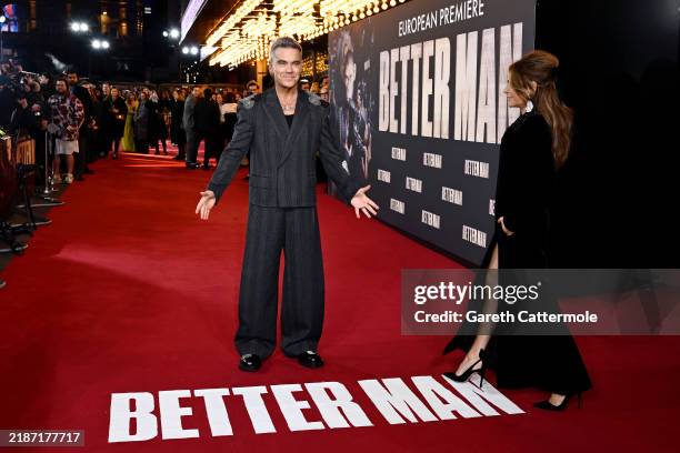 Robbie Williams and Ayda Field attend the "Better Man" European Premiere at the Odeon Luxe Leicester Square on November 27, 2024 in London, England.