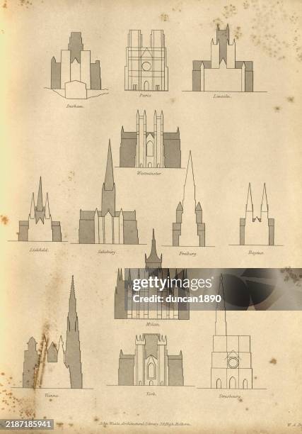 western ecclesiastical architecture, cathedral diagrams, 19th century vintage illustration - famous artwork stock illustrations