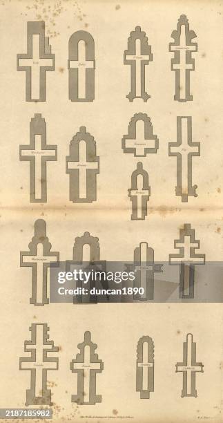 western ecclesiastical architecture, cathedral floorplan diagrams, 19th century vintage illustration - floor plan stock illustrations