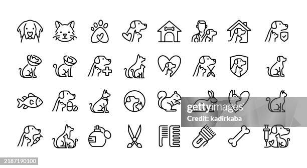 bildbanksillustrationer, clip art samt tecknat material och ikoner med pet care and veterinary line icon set. group of object. - akvarium byggnad för djur i fångenskap