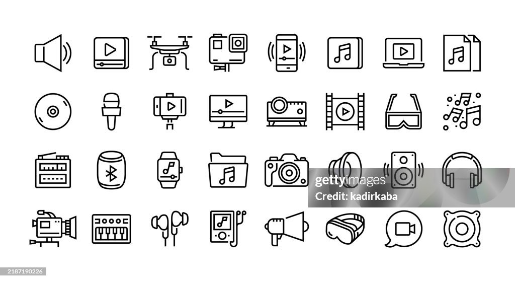 Audio and video line icon set. Group of object.
