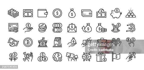ilustraciones, imágenes clip art, dibujos animados e iconos de stock de conjunto de iconos de línea de dinero. grupo de objetos. - bolsa de dinero
