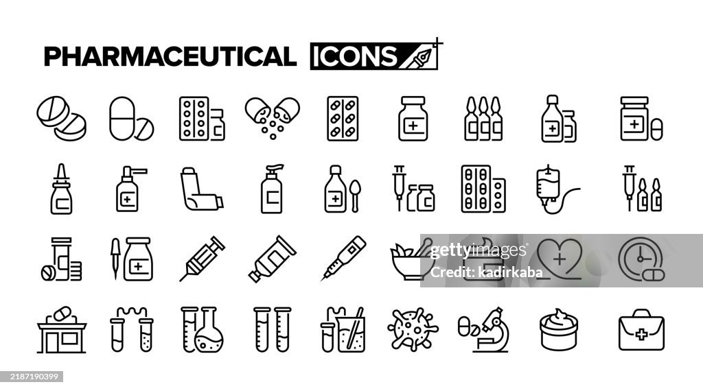 Pharmaceutical line icon set. Group of object.