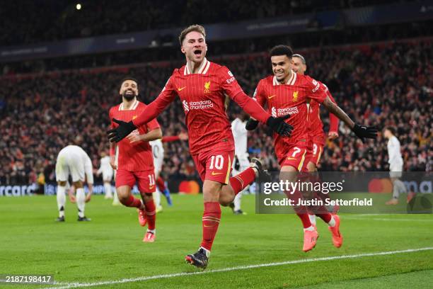 Alexis Mac Allister of Liverpool celebrates scoring his team's first goal during the UEFA Champions League 2024/25 League Phase MD5 match between...