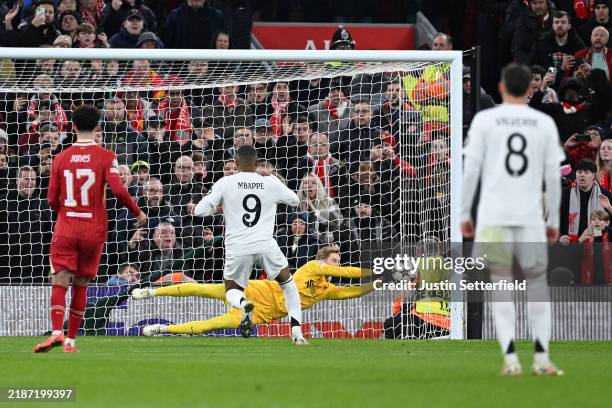 Caoimhin Kelleher of Liverpool saves a penalty from Kylian Mbappe of Real Madrid during the UEFA Champions League 2024/25 League Phase MD5 match...