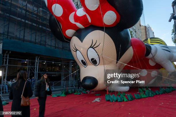 The Minnie Mouse balloon is inflated as workers participate in the annual balloon inflation for the 2024 Macy's Thanksgiving Day Parade on November...