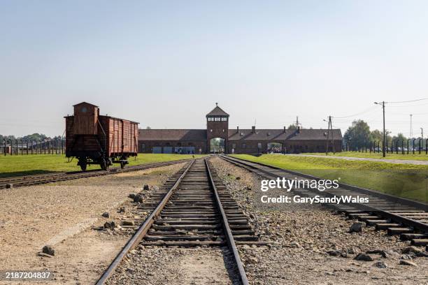 wagon couvert ou wagon à bestiaux utilisé pour le transport des prisonniers par train à auschwitz ii-birkenau, avec la guérite en arrière-plan, pologne - déportation photos et images de collection