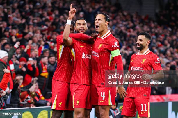 Cody Gakpo of Liverpool celebrates after scoring their side's second goal during the UEFA Champions League 2024/25 League Phase MD5 match between...