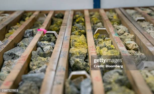 Core sample boxes with oxidized uranium at a core processing facility at NexGen Energy Ltd.'s Rook 1 project near Patterson Lake, Saskatchewan,...