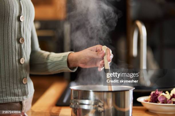 close up of a woman cooking lunch. - sopa imagens e fotografias de stock