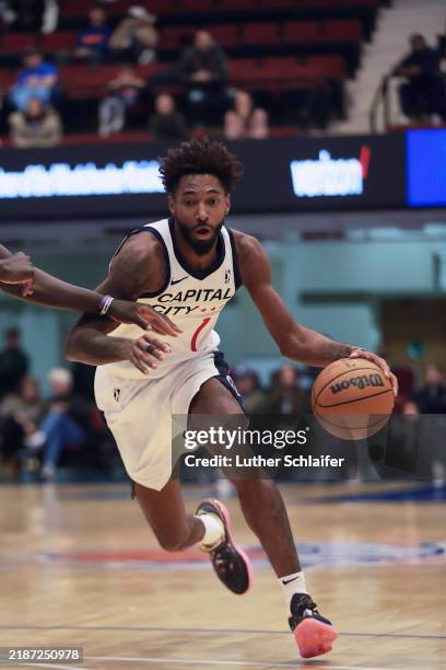 Leaky Black of the Capital City Go Go drives to the basket during the game against the Westchester Knicks on December 1, 2024 in White Plains, New...