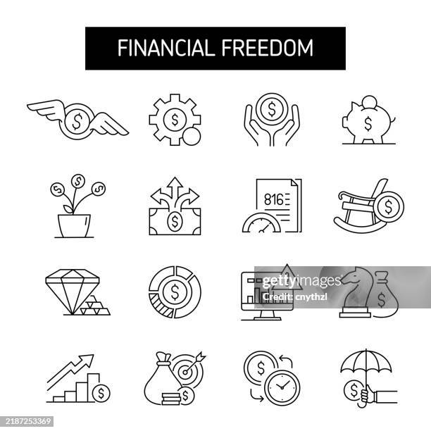 ilustraciones, imágenes clip art, dibujos animados e iconos de stock de conjunto de iconos de la línea de libertad financiera. ahorro, inversión, presupuesto, planificación. - libertad financiera
