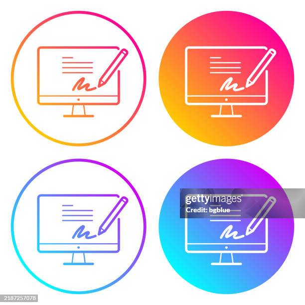 electronic signature on desktop computer. round icons with color gradients - input device stock illustrations