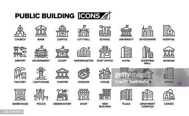 ilustraciones, imágenes clip art, dibujos animados e iconos de stock de conjunto de iconos de línea de edificio público. grupo de objetos. - edificio financiero