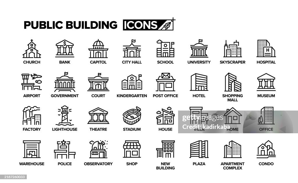 Public building line icon set. Group of object.