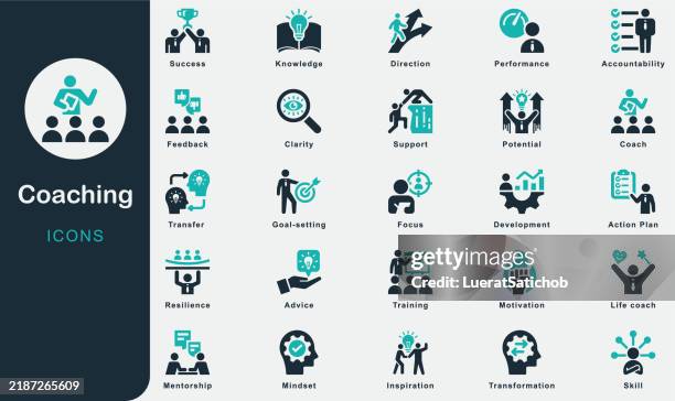 ilustrações de stock, clip art, desenhos animados e ícones de coaching solid icons collection.containing motivation, training, advice, success, direction, goal-setting, support, potential, inspiration, coach, development, leadership, accountability, knowledge - mentor