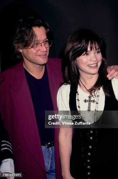 American actress Valerie Bertinelli and Dutch-American musician and songwriter Eddie Van Halen attend the 1994 NBC TCA awards, Pasadena, California,...