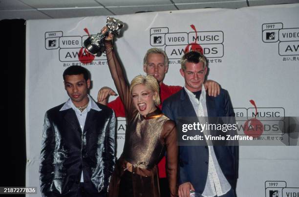 Tony Kanal, Gwen Stefani, Tom Dumont, and Adrian Young of American rock band No Doubt at the MTV Video Music Awards at Radio City Music Hall in New...