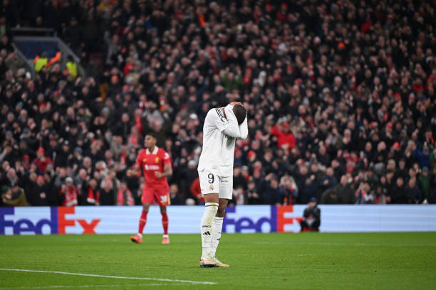 Kylian Mbappe of Real Madrid looks dejected after seeing his penalty saved during the UEFA Champions League 2024/25 League Phase MD5 match between...