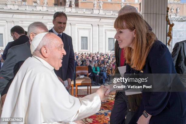 Pope Francis greets British Housing secretary Angela Rayner during his Wednesday General Audience in St. Peter’s Square on November 27, 2024 in...