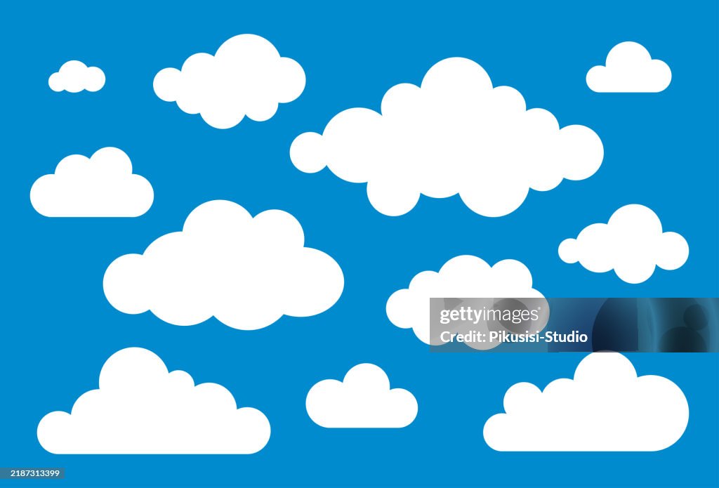 Cloud icon set. Variations of clouds with on blue background.