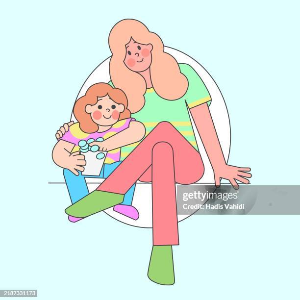 mother and child watching a movie together - family watching movie stock illustrations