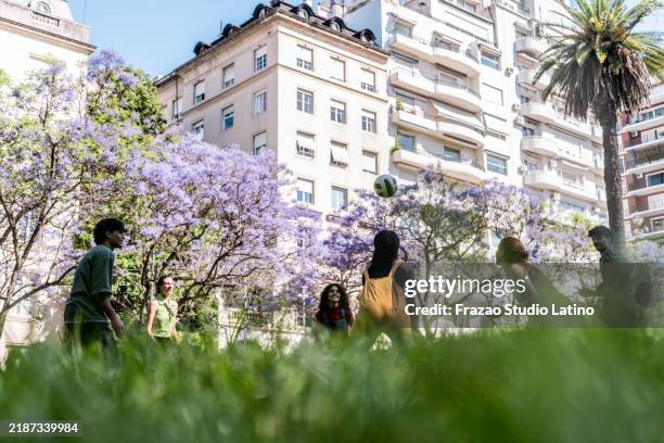 young friends playing soccer at public park - argentina stock pictures, royalty-free photos & images