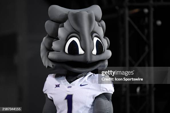 Texas Rangers Frog Texas Christian Horned Frogs mascot SuperFrog looks on before the ...