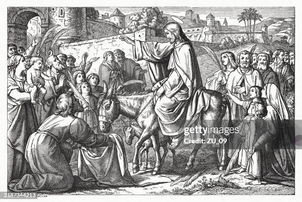 einzug jesu in jerusalem, holzstich, veröffentlicht 1883 - riding stock-grafiken, -clipart, -cartoons und -symbole