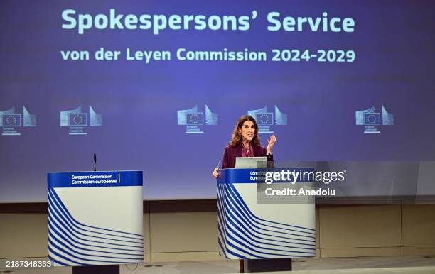 Paula Pinho, the newly appointed chief spokesperson for the European Union Commission, makes a speech during a press conference in Brussels, Belgium...