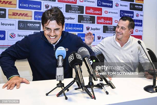 Newly-named OH Leuven's Welsh Chris Coleman and OHL's CEO Frederic Van den Steen get ready during a press conference of Belgian soccer team...