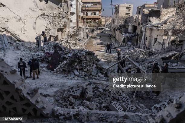 December 2024, Syria, Idlib: A general view of destruction at a camp for displaced people in the town of Harbanoush, caused by a Syrian regime...