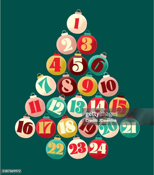 illustrazioni stock, clip art, cartoni animati e icone di tendenza di calendario dell'avvento di natale a forma di albero di natale con ornamenti colorati e numeri festivi - avvento