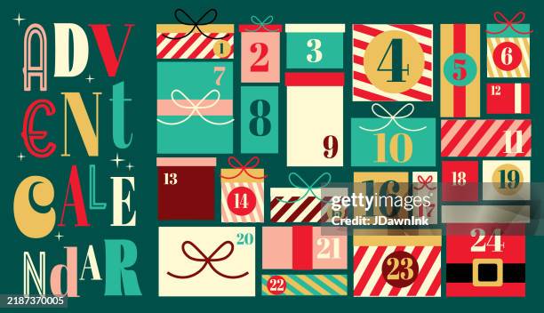 ilustraciones, imágenes clip art, dibujos animados e iconos de stock de calendario de adviento de navidad con regalos envueltos abstractos o cajas de regalo y números festivos - adviento