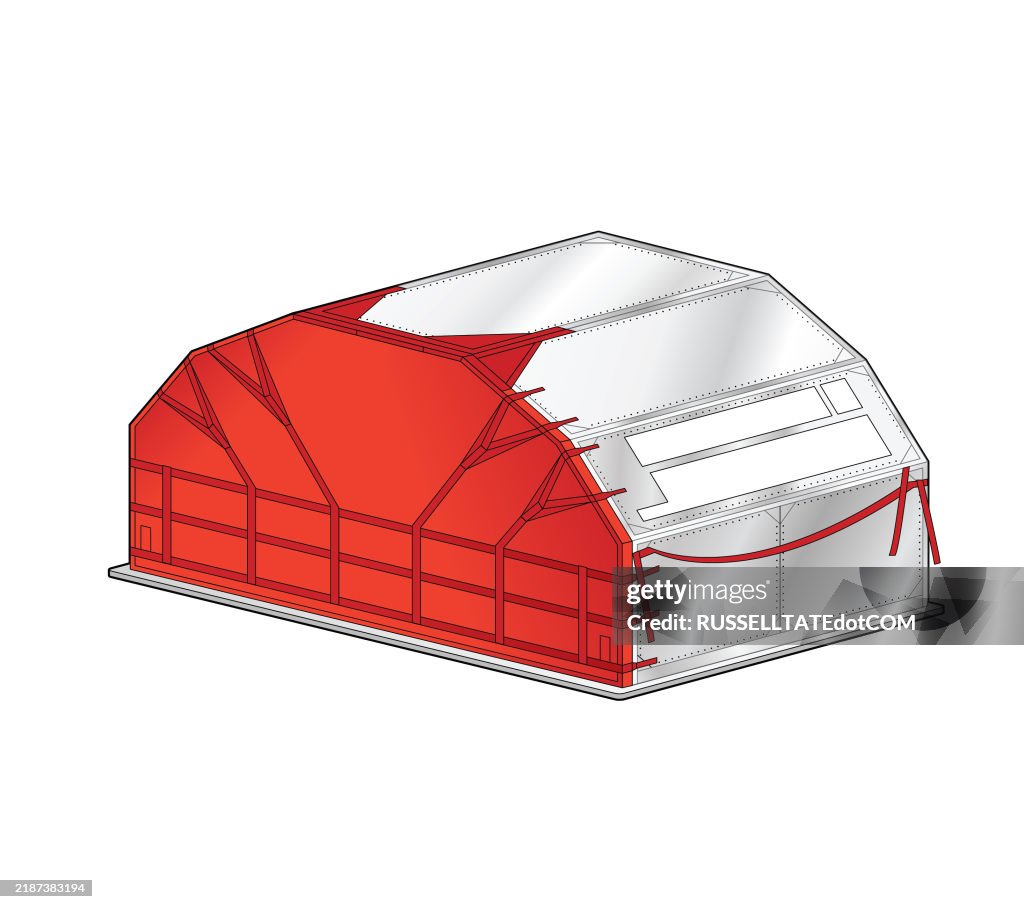 Red covered Unit load device (ULD) cargo baggage container pallet side view