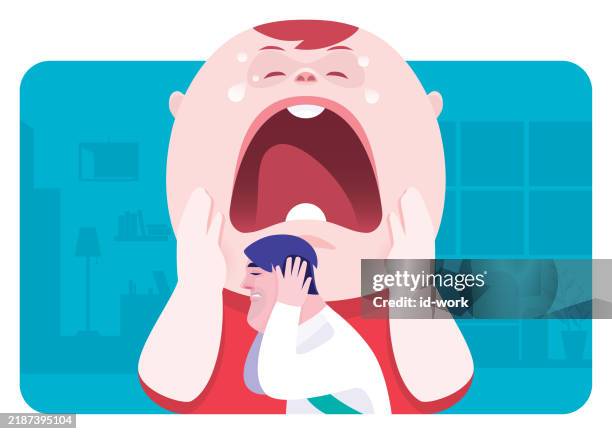 businessman covering ears beside crying baby - parent yelling at child cartoon stock illustrations