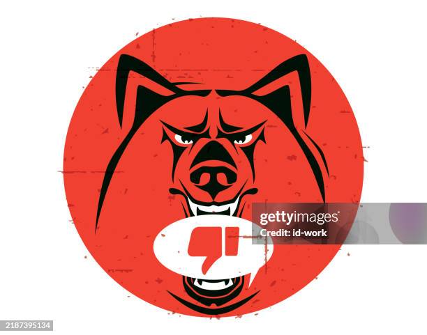 angry wolf holding dislike button symbol - gray wolf stock illustrations