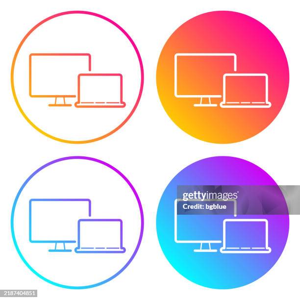 desktop computer and laptop. round icons with color gradients - desktop computer screen stock illustrations