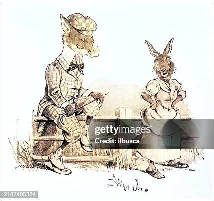 Humanized animals illustrations: Fox and rabbit Humanized animals illustrations: Fox and rabbit