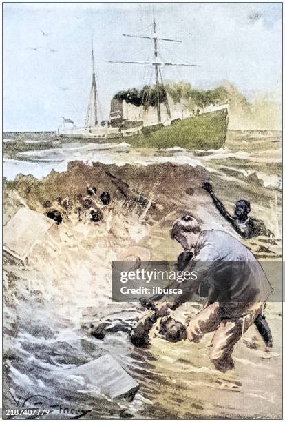 antique painting illustration: rescuing people drowning - shipwreck stock illustrations