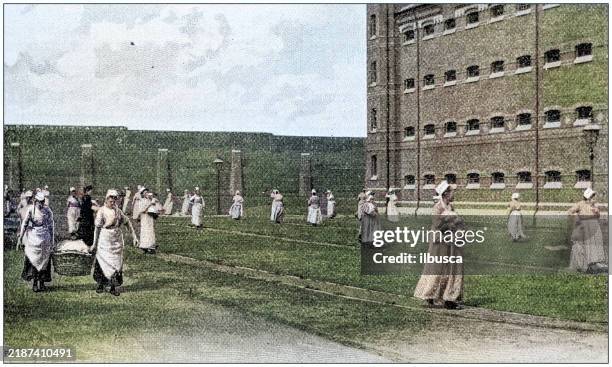 antique photograph: woman prison yard exercise - prison exterior stock illustrations