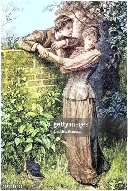 antique painting illustration: couple - unrequited love stock illustrations