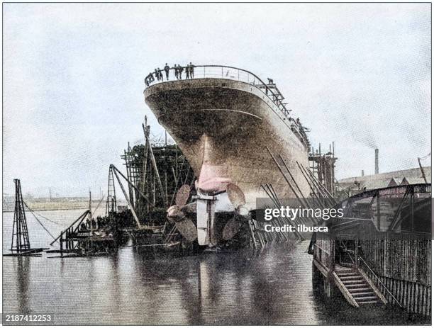 antique photograph: ship construction industry - boat builder stock illustrations