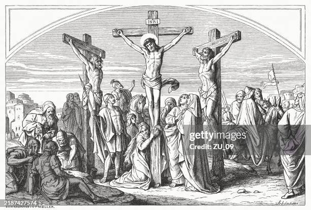 crucifixion of jesus (john 19, 16-30), wood engraving, published 1883 - good friday stock illustrations
