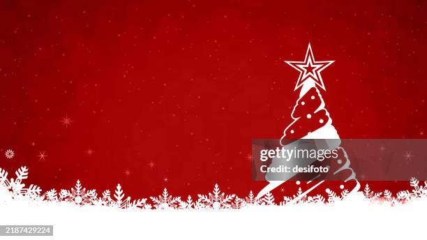 horizontal red maroon cartoon backgrounds of one creative white decorated christmas tree with star shape tree topper with snow and snowflakes bottom edge border, glittering snowing smudged backdrop with copy space - casting spell stock illustrations