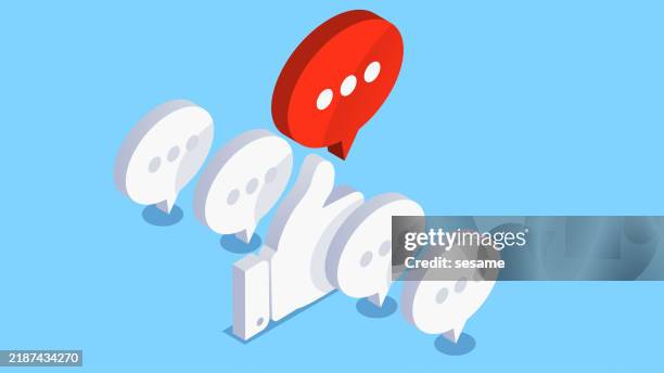 unique insights or ideas, satisfying or successful remarks, equidistant rows of speech bubbles with thumbs up in favor of a red speech bubble - call to action icon vector stock illustrations